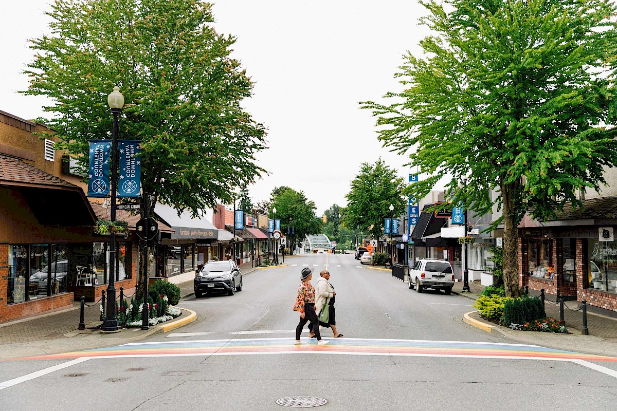 Two people walking on a crosswalk